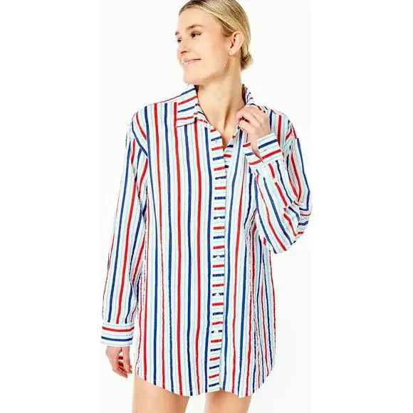 Addison Bay Naples Dress Americana Stripe Seersucker Shirt Coverup - Size XL - Picture 1 of 14